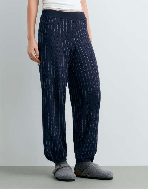 OYSHO Pinstripe knit cocoon trousers in navy, 2 of 6