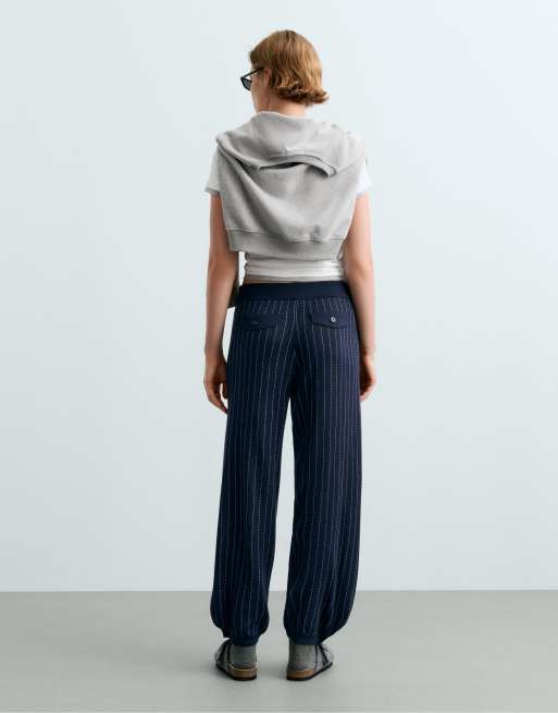 OYSHO Pinstripe knit cocoon trousers in navy, 3 of 6