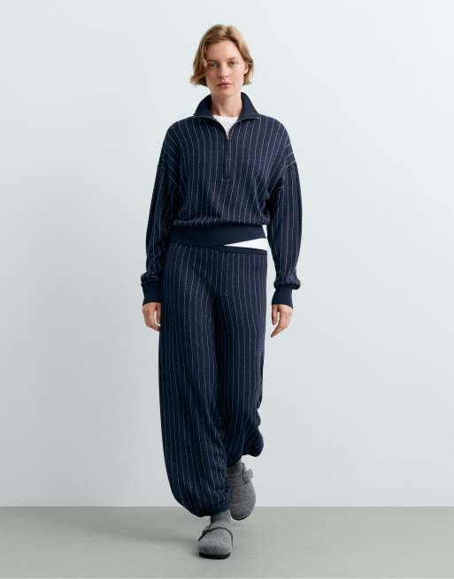 OYSHO Pinstripe knit cocoon trousers in navy, 4 of 6