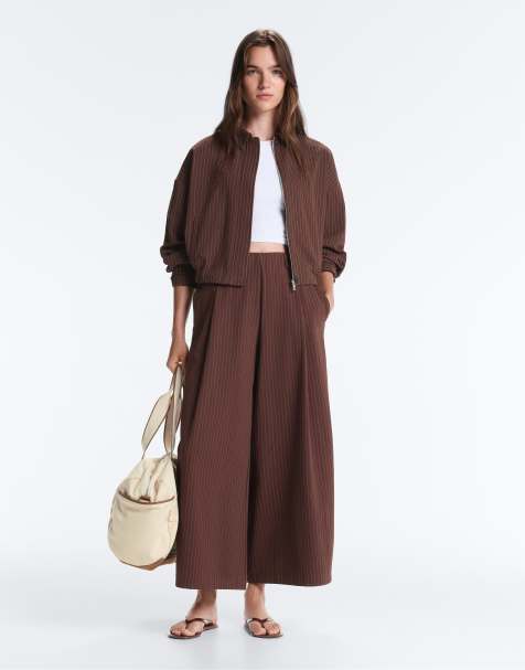 OYSHO Pinstripe piqué polo neck jacket with cotton in brown - view 1