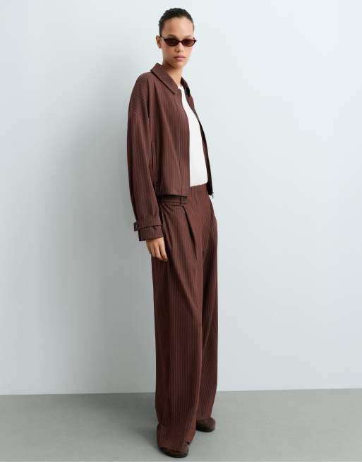 OYSHO Pinstripe piqué polo neck jacket with cotton in brown, 5 of 7