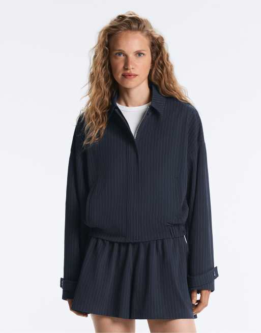 OYSHO Pinstripe piqué polo neck jacket with cotton in navy, 2 of 7