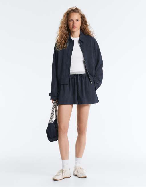 OYSHO Pinstripe piqué polo neck jacket with cotton in navy, 3 of 7