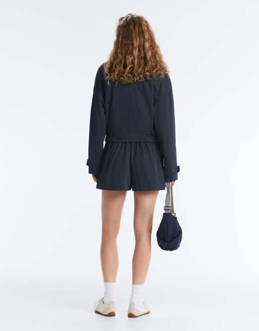 OYSHO Pinstripe piqué polo neck jacket with cotton in navy, 5 of 7