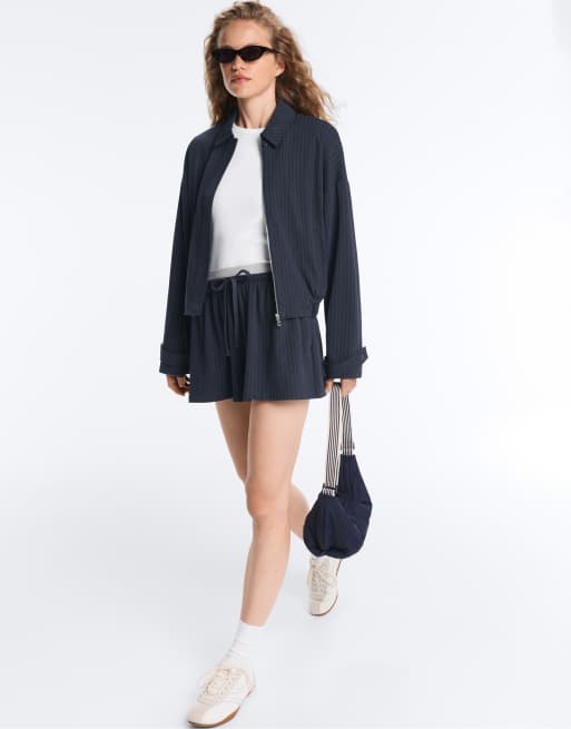 OYSHO Pinstripe piqué polo neck jacket with cotton in navy, 6 of 7