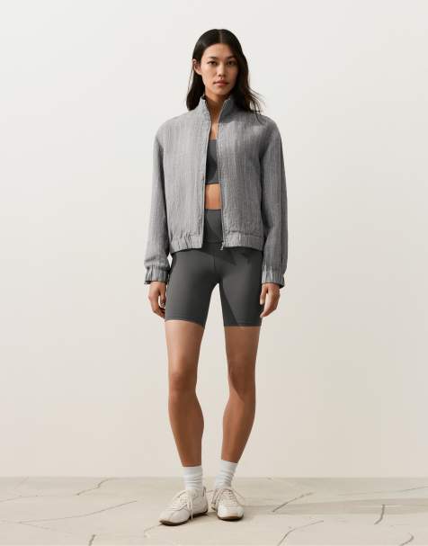 OYSHO Pinstriped 100% linen high-neck jacket in grey - view 1