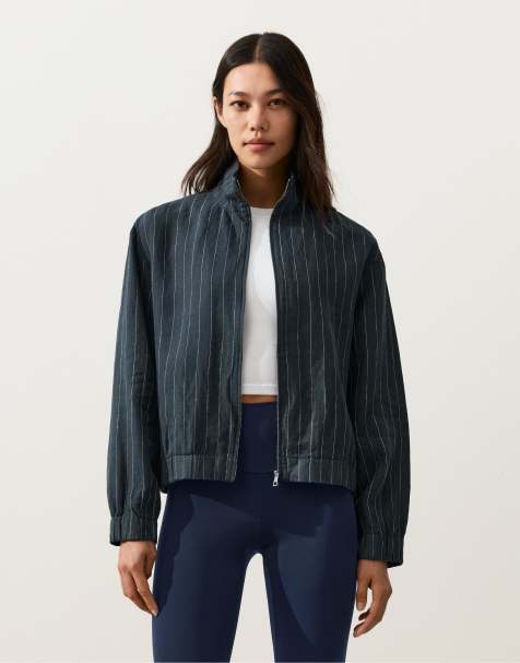 OYSHO Pinstriped 100% linen high-neck jacket in navy - view 1