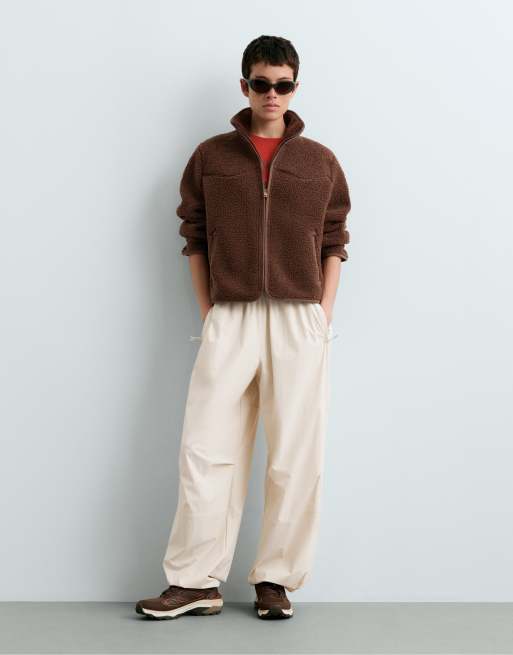 OYSHO Piping faux-shearling jacket in brown, 2 of 5