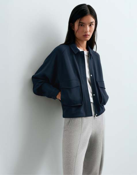 OYSHO Piqué cotton v-neck raglan sleeve jacket in navy - view 1