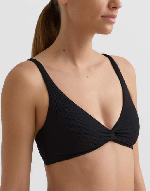 OYSHO Piqué knot strap bikini top in black, 2 of 4