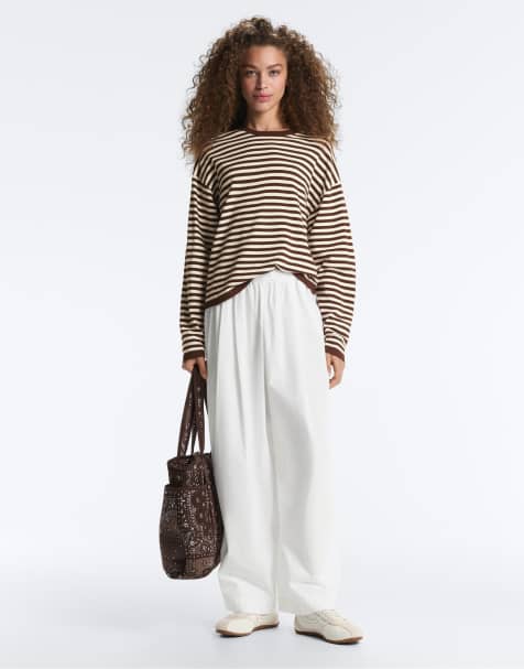OYSHO Pleated 100% cotton tapered trousers in off-white