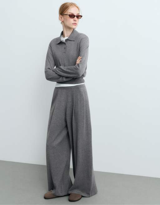 OYSHO Pleated wide knit trousers in grey, 3 of 5