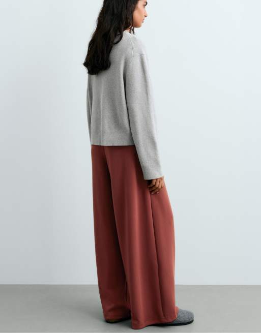 OYSHO Pleated wide-leg trousers in brown, 4 of 4