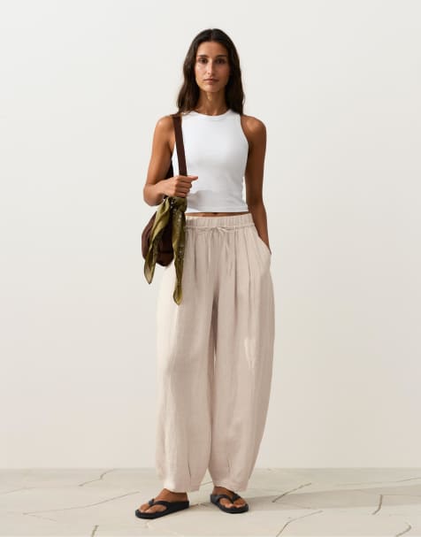 OYSHO – Plissierte Ballonhose aus 100% Leinen in Sandbeige meliert - view 1