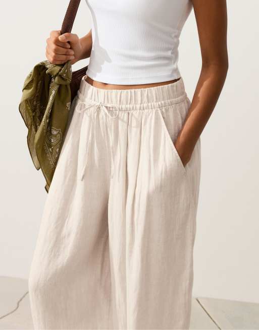 OYSHO – Plissierte Ballonhose aus 100% Leinen in Sandbeige meliert, 3 von 4