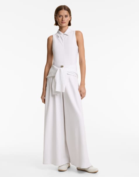OYSHO Polo collar long piqué jumpsuit with modal in white - view 1