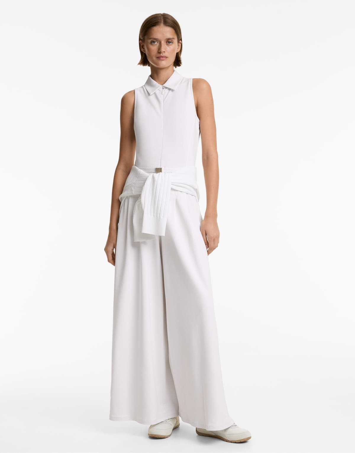Oysho Polo collar long piqué jumpsuit with modal in white