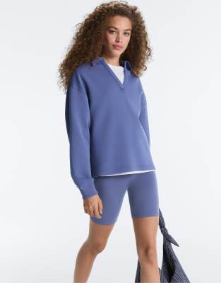 Polo en coton mélangé à col V - Bleu M