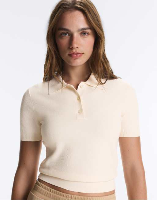 OYSHO polo en maille à manches courtes boutonné écru, 3 de 6