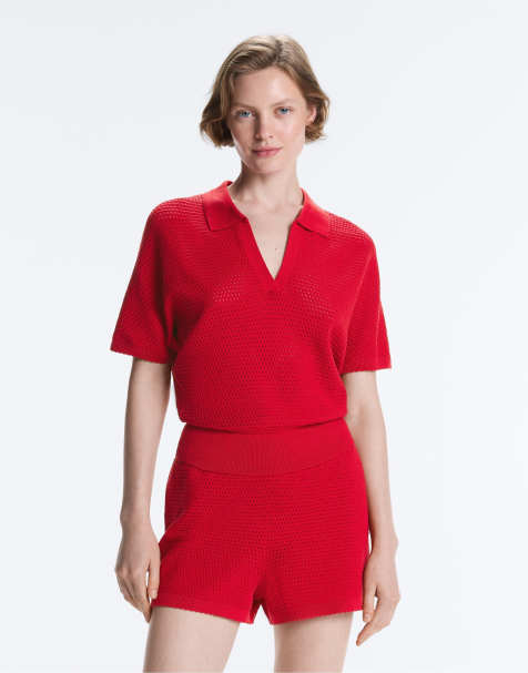 OYSHO - Polo en maille ajourée de coton mélangé - Rouge vif - view 1