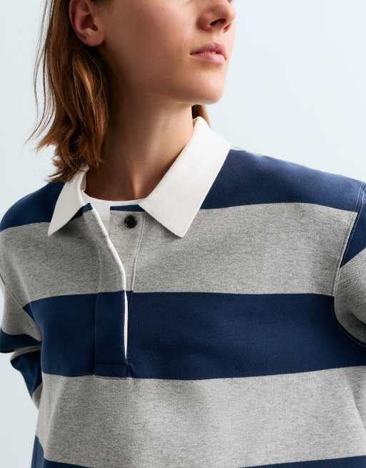 OYSHO polo in jacquard piqué grigio e blu, 3 di 5