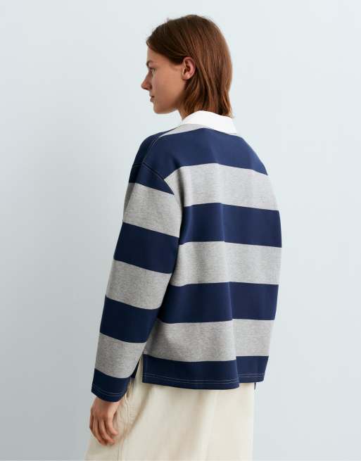 OYSHO polo in jacquard piqué grigio e blu, 4 di 5