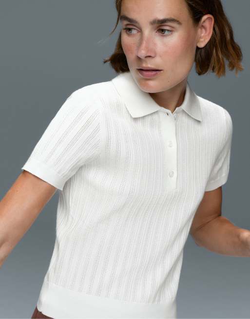OYSHO - Polo in maglia traforata bianco sporco, 3 di 6
