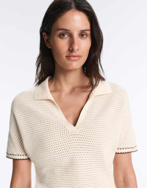 OYSHO - Polo in maglia traforata di misto cotone écru pallido, 3 di 4
