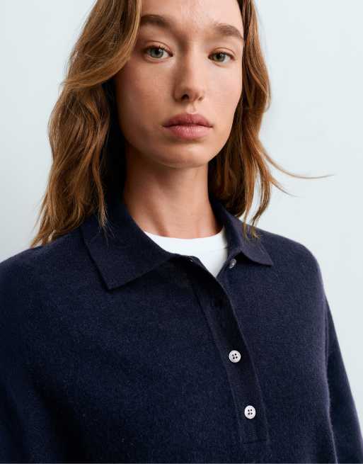 OYSHO Polo knit 100% wool in mid blue, 3 of 5