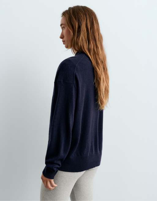OYSHO Polo knit 100% wool in mid blue, 4 of 5
