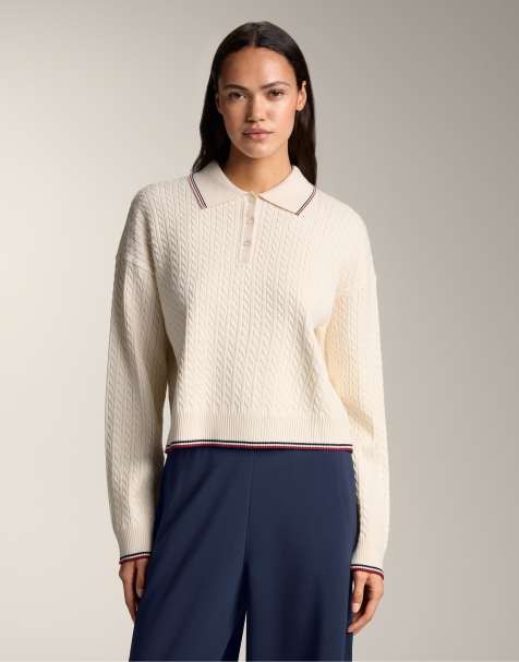 OYSHO Polo neck mini cable knit jumper in ecru - view 1