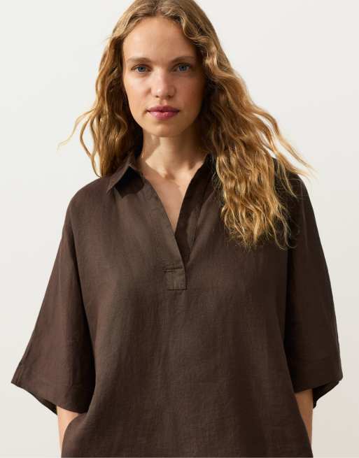 OYSHO polo oversize à manches courtes en lin 100 % marron, 3 de 4