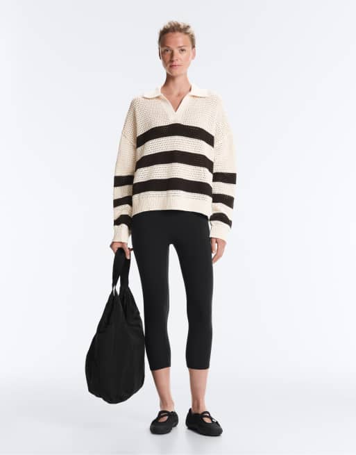 Oysho - Polo rayé à manches longues en maille ajourée 100 % coton - Écru, 2 de 4