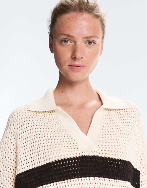 Oysho - Polo rayé à manches longues en maille ajourée 100 % coton - Écru, 3 de 4