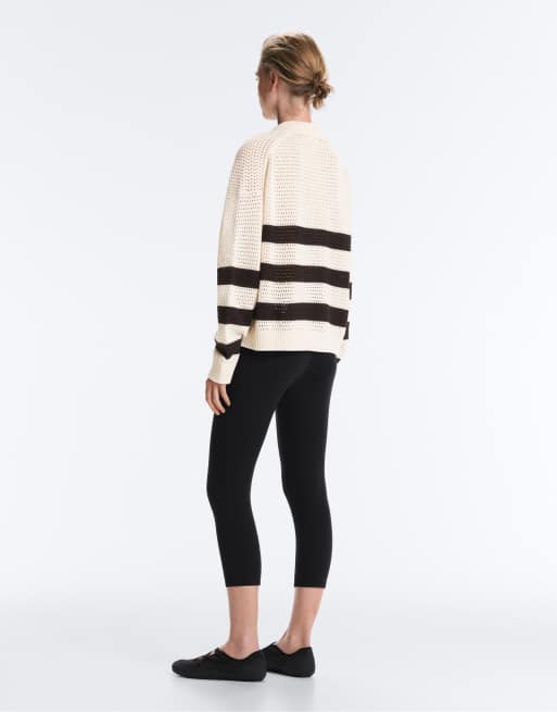 Oysho - Polo rayé à manches longues en maille ajourée 100 % coton - Écru, 4 de 4