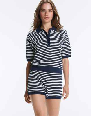 Oysho - Polo rayé en maille 100 % coton - Bleu marine