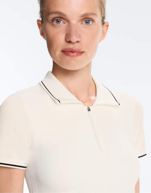 OYSHO - Polo sans coutures à manches courtes contrastantes - Écru pâle, 3 de 4