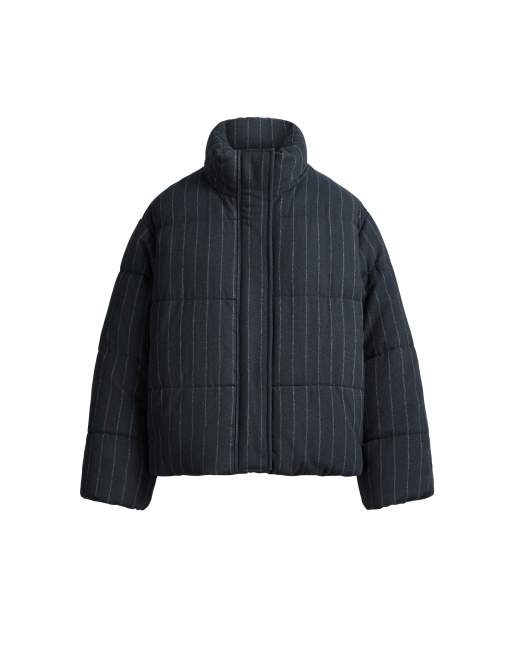 OYSHO Primaloft® vadderad jacka med kritstreck i ull i mörk havsblå, 5 av 5