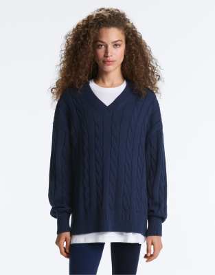 OYSHO - Pull col V en maille torsadée 100 % coton - Bleu marine