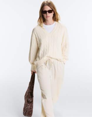 Pull col V en maille torsadée 100 % coton - Écru pâle-Neutral S