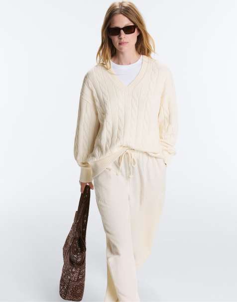 Oysho - Pull col V en maille torsadée 100 % coton - Écru pâle - view 1