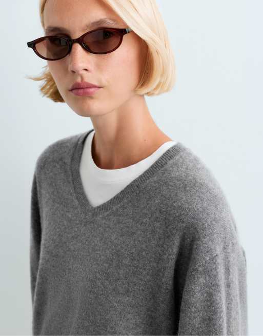 OYSHO pull en maille 100 % cachemire col V gris, 3 de 5