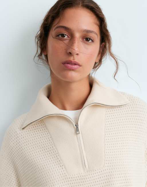 OYSHO pull en maille ajourée en mélange de coton écru clair, 3 de 6