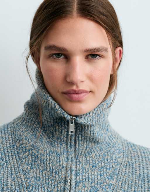 OYSHO pull en maille chinée à demi-zip gris-bleu, 3 de 5