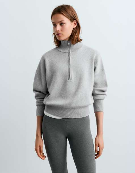 OYSHO pull en maille demi-zip en coton mélangé gris clair - view 1