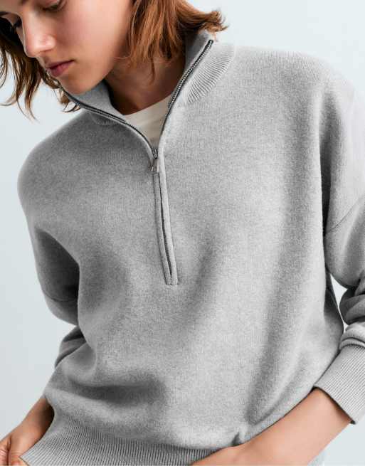 OYSHO pull en maille demi-zip en coton mélangé gris clair, 3 de 5