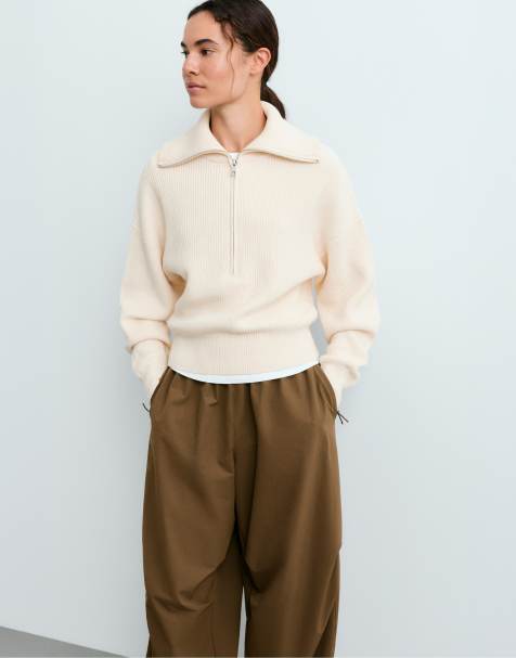 OYSHO pull en maille en coton zippé à mi-hauteur écru - view 1