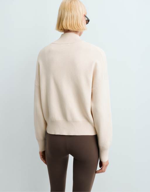 OYSHO pull en maille mi-zip en mélange de coton ivoire écru, 4 de 6
