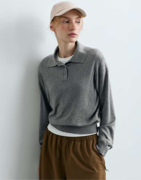 OYSHO pull polo en maille gris - view 1