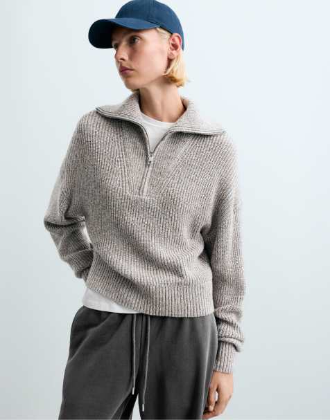 OYSHO Pullover aus Rippstrick mit Half-Zip in Grau - view 1